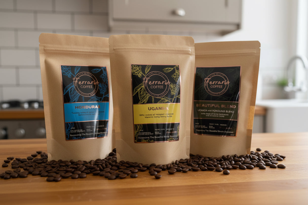 Roasters Choice Selection of ethically sourced African specialty coffee bags with scattered coffee beans on wooden table