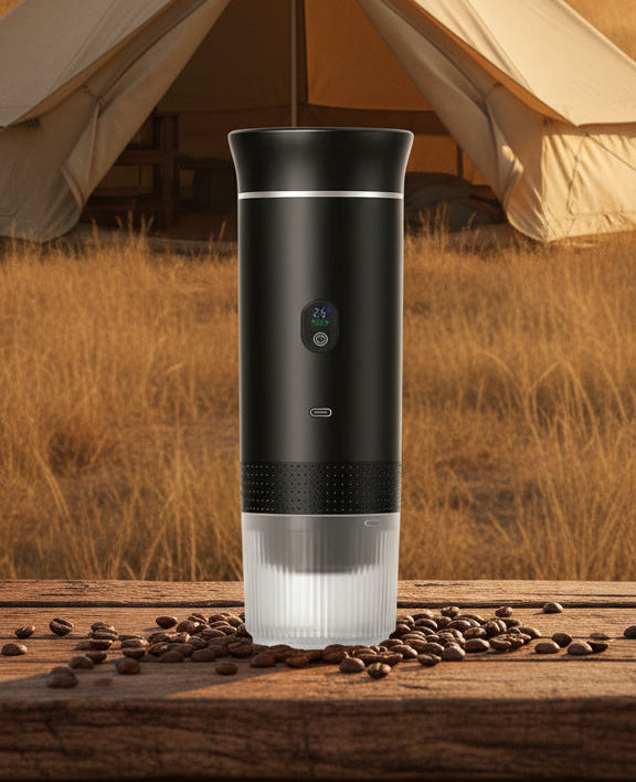 Portable espresso Coffee maker on a wooden table with a tent and mountain in the background