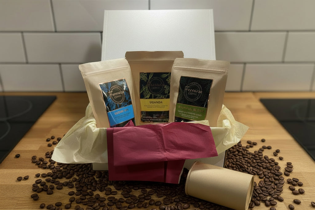 Roasters Choice Selection with ethically sourced African speciality coffee packs, coffee beans scattered on wood surface.