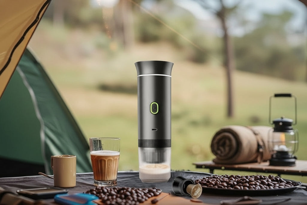 3 in 1 Portable Espresso Machine on outdoor table with coffee beans, cup, and camping gear in background