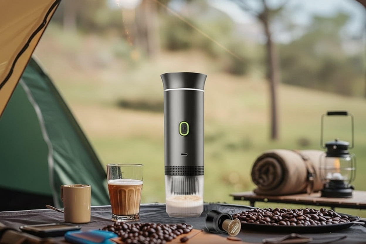 3 in 1 Portable Espresso Machine on outdoor table with coffee beans, cup, and camping gear in background