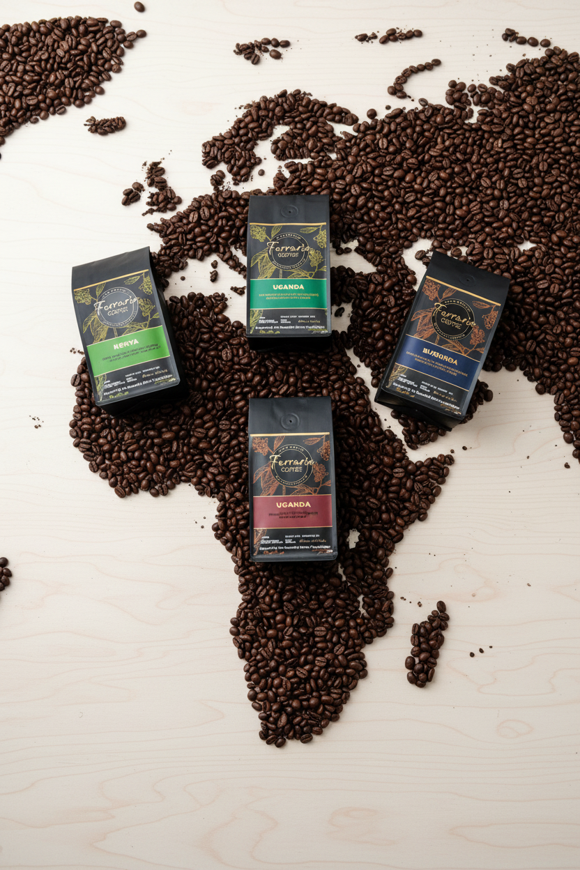 Black Coffee Bags on World Map Made of Coffee Beans