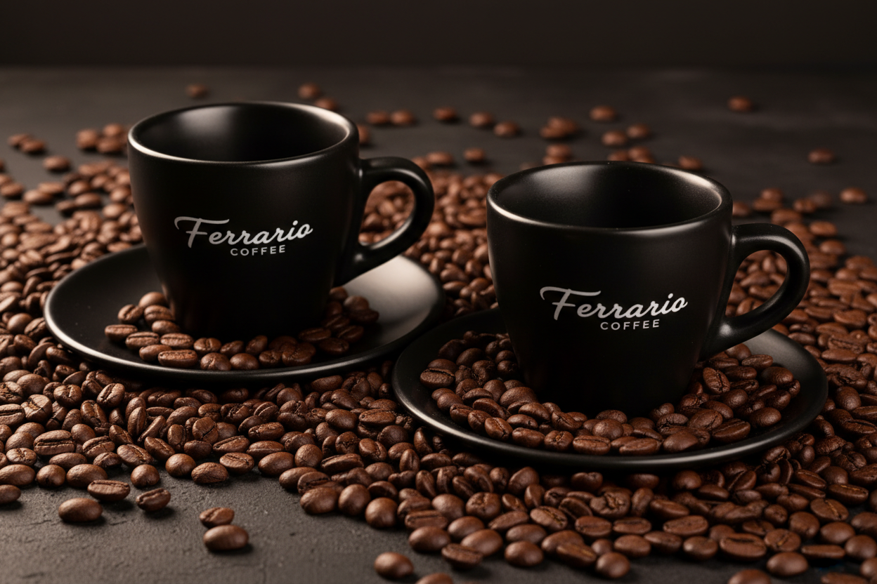 espresso cups in coffee beans all around.  logo on cup to be the header logo from header